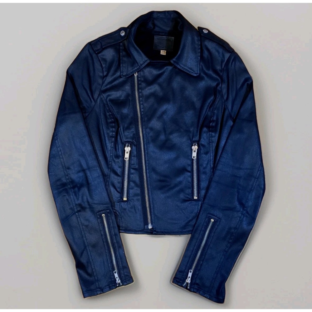 True Religion Women's Black Wax Coated Denim Moto Jacket Sz L Biker Grunge Punk - Picture 7 of 13